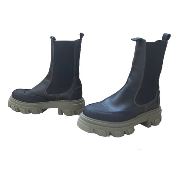 GANNI Black Leather CHELSEA Green Lugsole Platform Ankle Mid Calf Boots 38 - Picture 4 of 7